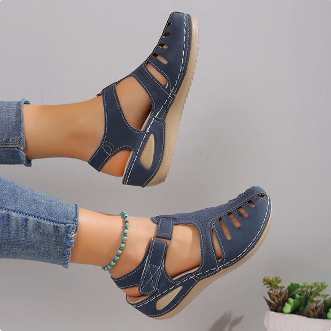 Women's Closed Toe Wedge Sandals with Cut Out Upper and Hook and Loop Ankle Strap