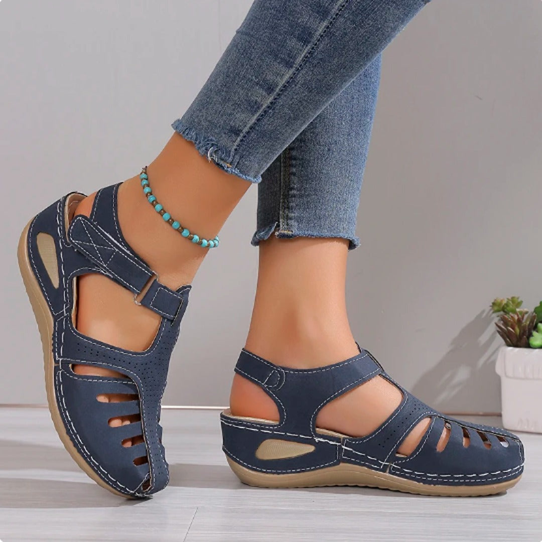 Women's Closed Toe Wedge Sandals with Cut Out Upper and Hook and Loop Ankle Strap