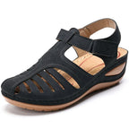 Women's Closed Toe Wedge Sandals with Cut Out Upper and Hook and Loop Ankle Strap