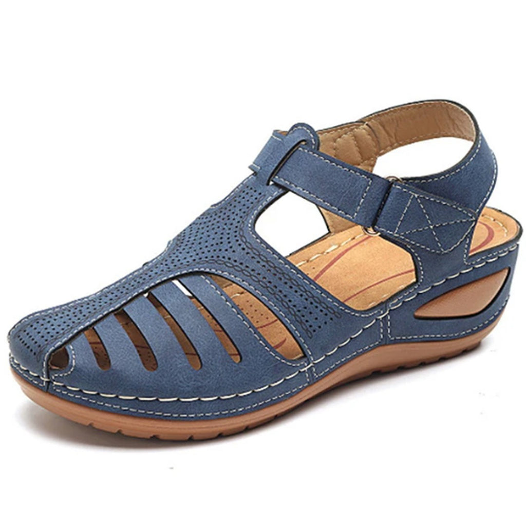 Women's Closed Toe Wedge Sandals with Cut Out Upper and Hook and Loop Ankle Strap