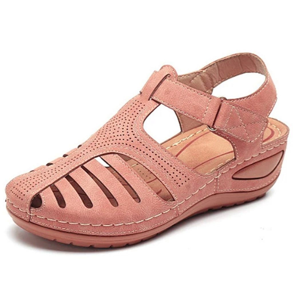 Women's Closed Toe Wedge Sandals with Cut Out Upper and Hook and Loop Ankle Strap