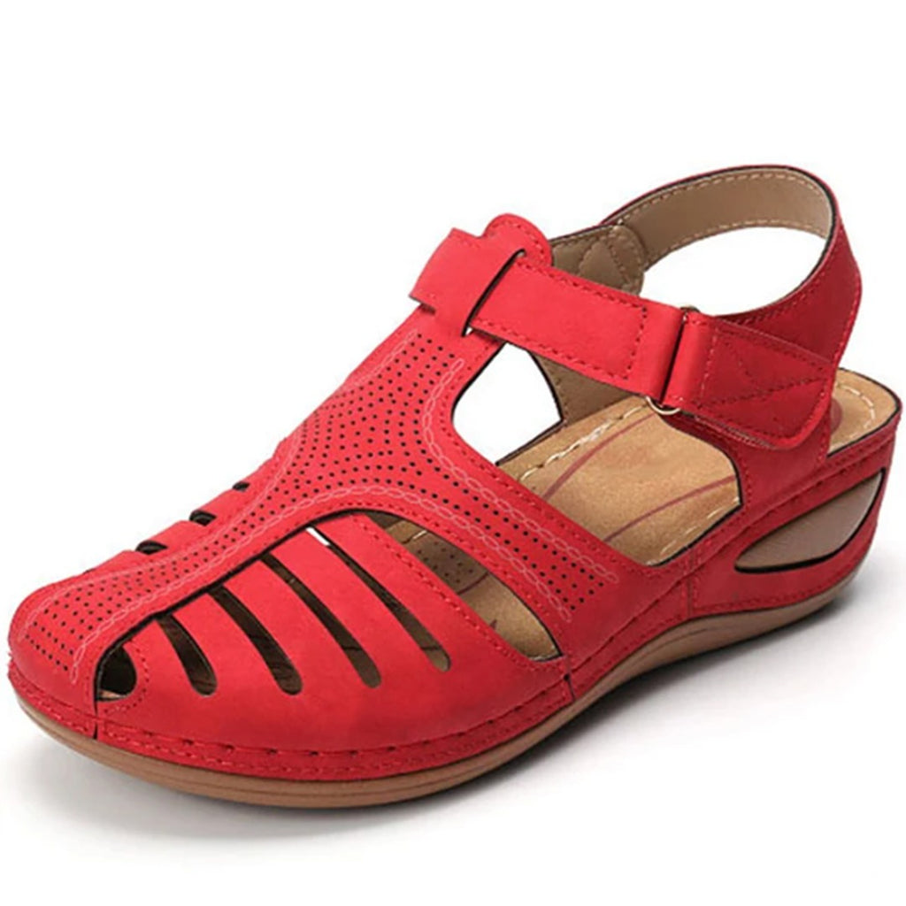 Women's Closed Toe Wedge Sandals with Cut Out Upper and Hook and Loop Ankle Strap