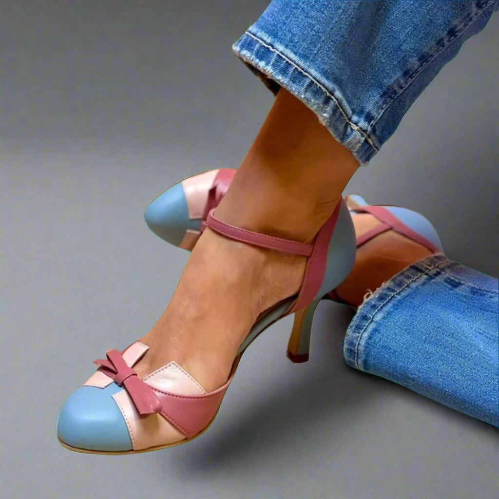 Women's Colour Block Heeled Shoes with Ankle Strap Bow Detail and Round Toe Cap