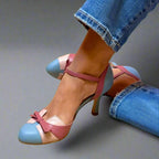 Women's Colour Block Heeled Shoes with Ankle Strap Bow Detail and Round Toe Cap