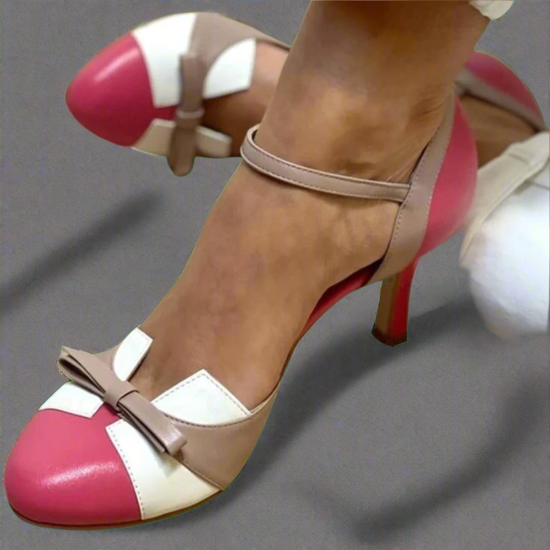 Women's Colour Block Heeled Shoes with Ankle Strap Bow Detail and Round Toe Cap