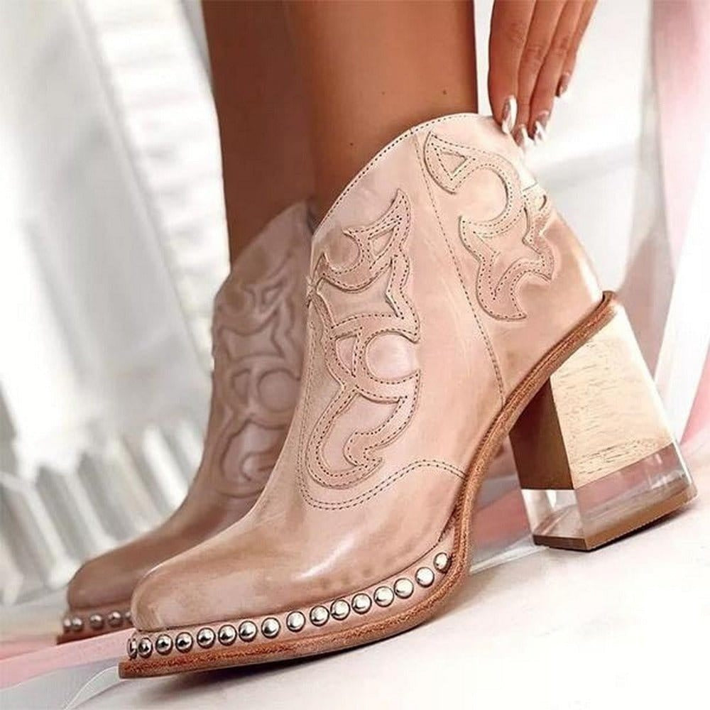 Women's Cowgirl Ankle Boots with Block Heel and Stud Trim