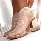 Women's Cowgirl Ankle Boots with Block Heel and Stud Trim