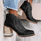 Women's Cowgirl Ankle Boots with Block Heel and Stud Trim