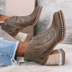 Women's Cowgirl Ankle Boots with Block Heel and Stud Trim