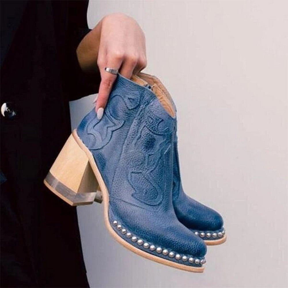Women's Cowgirl Ankle Boots with Block Heel and Stud Trim