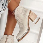 Women's Cowgirl Ankle Boots with Block Heel and Stud Trim