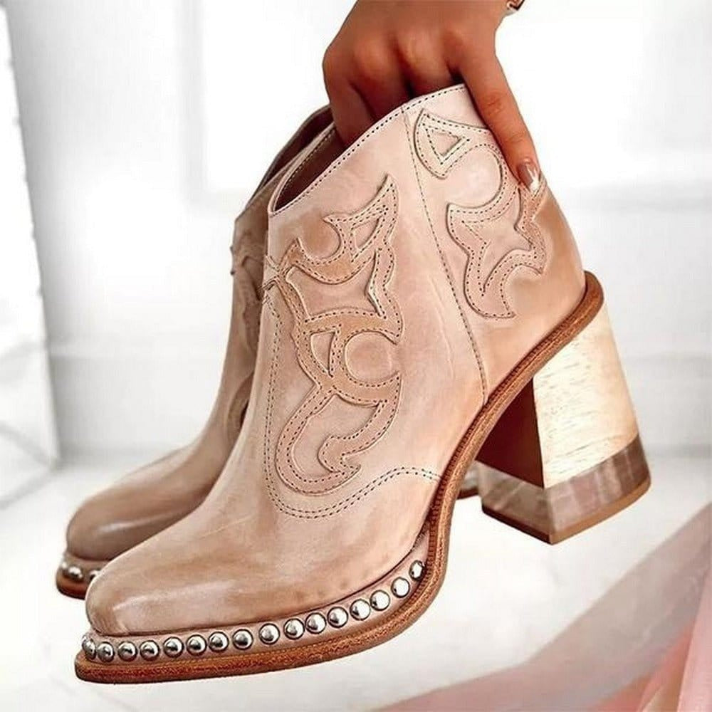 Women's Cowgirl Ankle Boots with Block Heel and Stud Trim