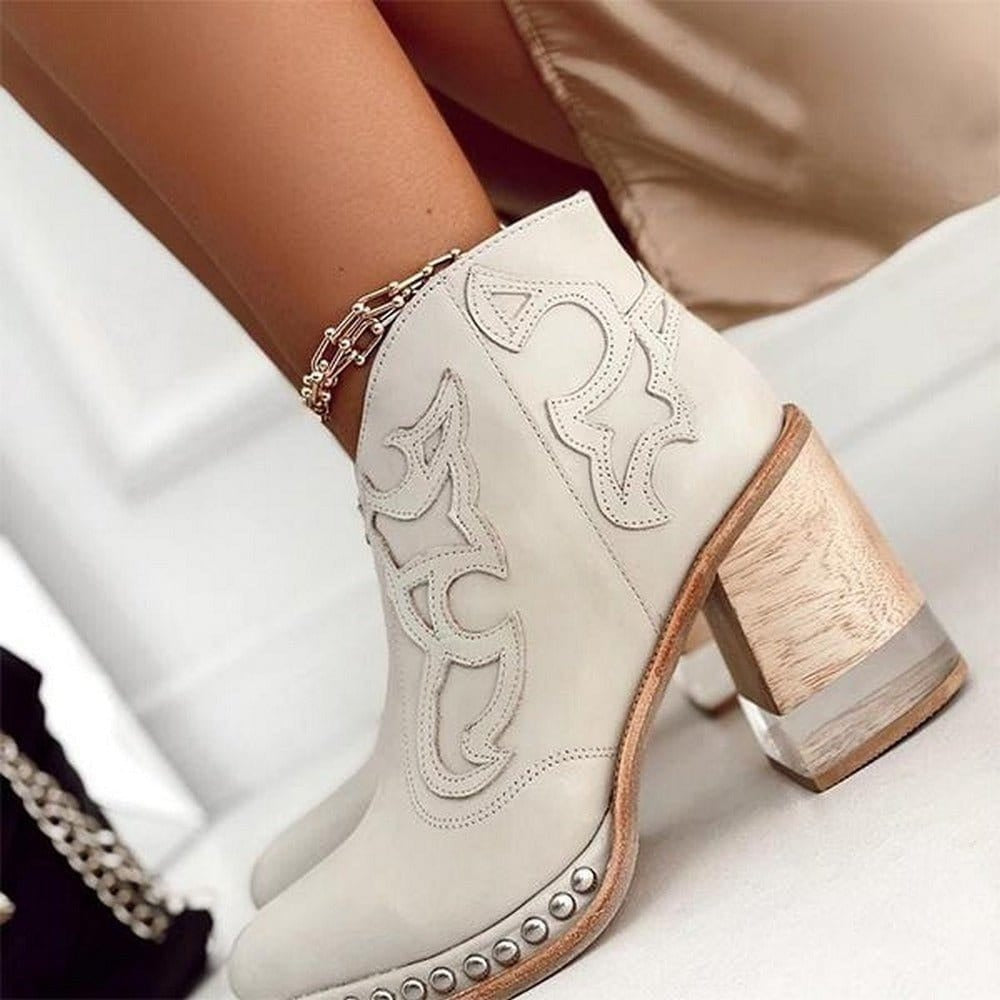 Women's Cowgirl Ankle Boots with Block Heel and Stud Trim