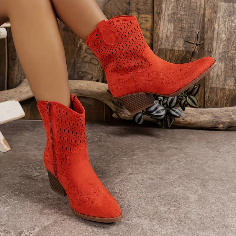 Women's Cowgirl Ankle Boots with Laser Cut-Out Panel and Block Heel