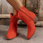 Women's Cowgirl Ankle Boots with Laser Cut-Out Panel and Block Heel