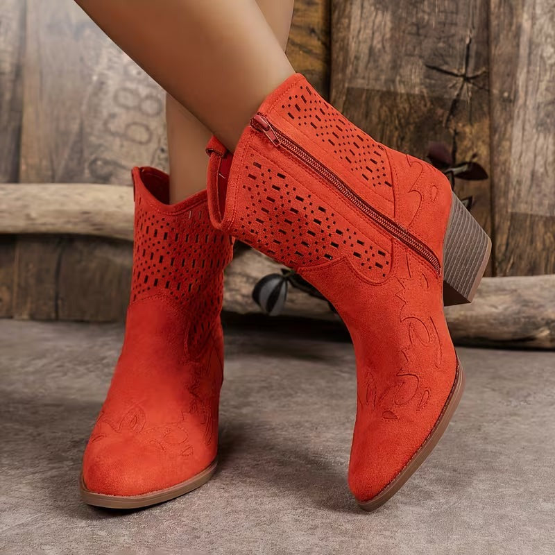 Women's Cowgirl Ankle Boots with Laser Cut-Out Panel and Block Heel