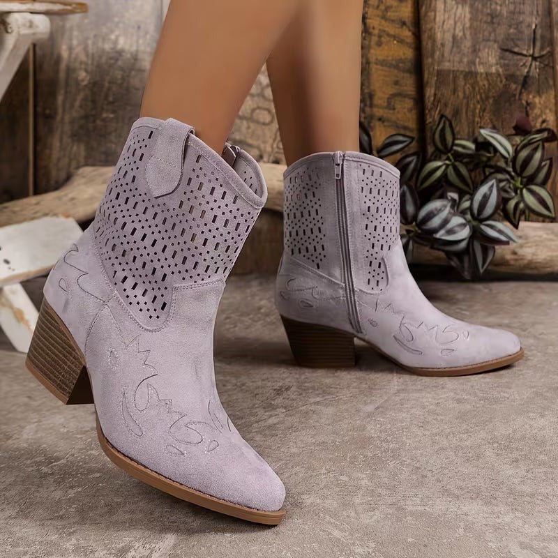 Women's Cowgirl Ankle Boots with Laser Cut-Out Panel and Block Heel