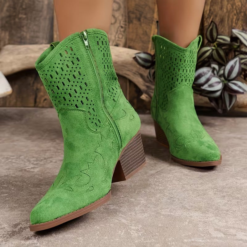 Women's Cowgirl Ankle Boots with Laser Cut-Out Panel and Block Heel