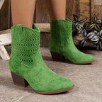 Women's Cowgirl Ankle Boots with Laser Cut-Out Panel and Block Heel