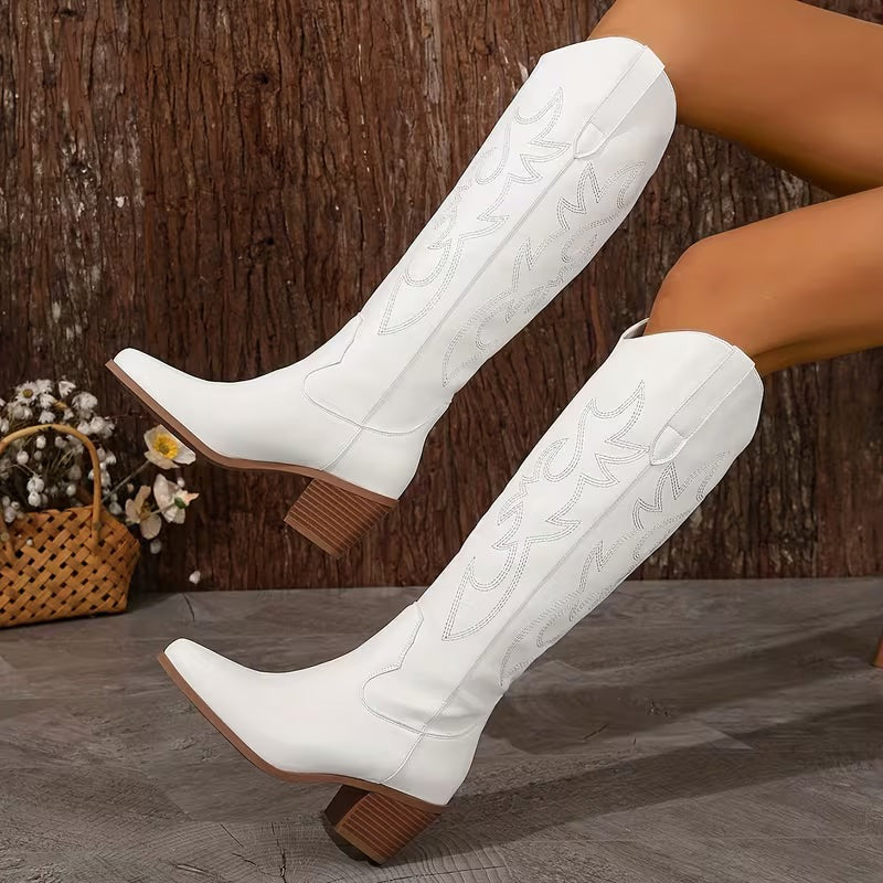 Women's Cowgirl Knee High Boots with Embroidered Shaft