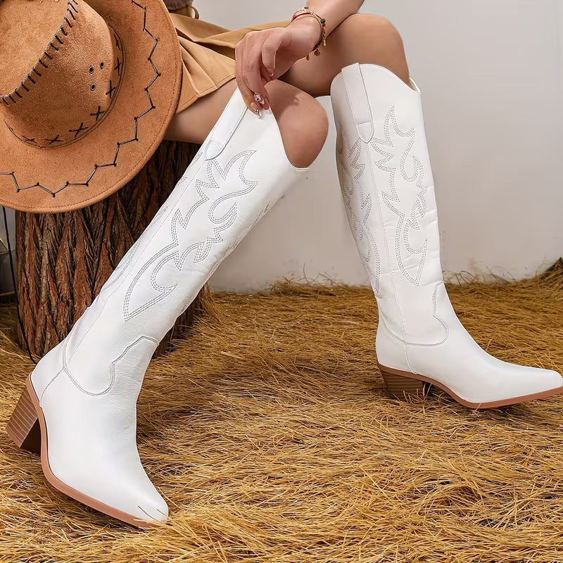 Women's Cowgirl Knee High Boots with Embroidered Shaft