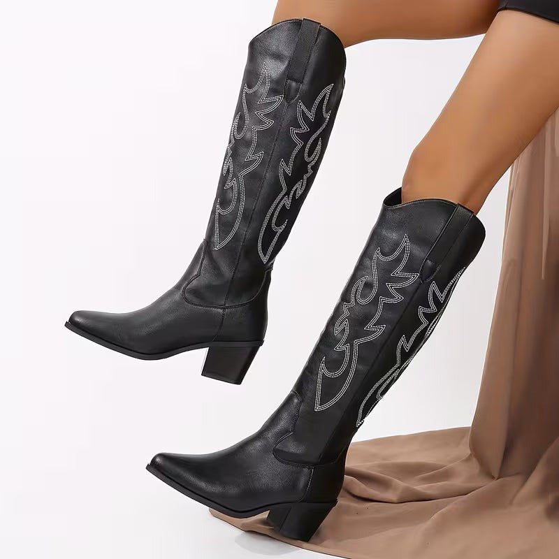 Women's Cowgirl Knee High Boots with Embroidered Shaft