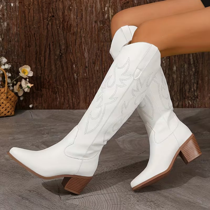 Women's Cowgirl Knee High Boots with Embroidered Shaft