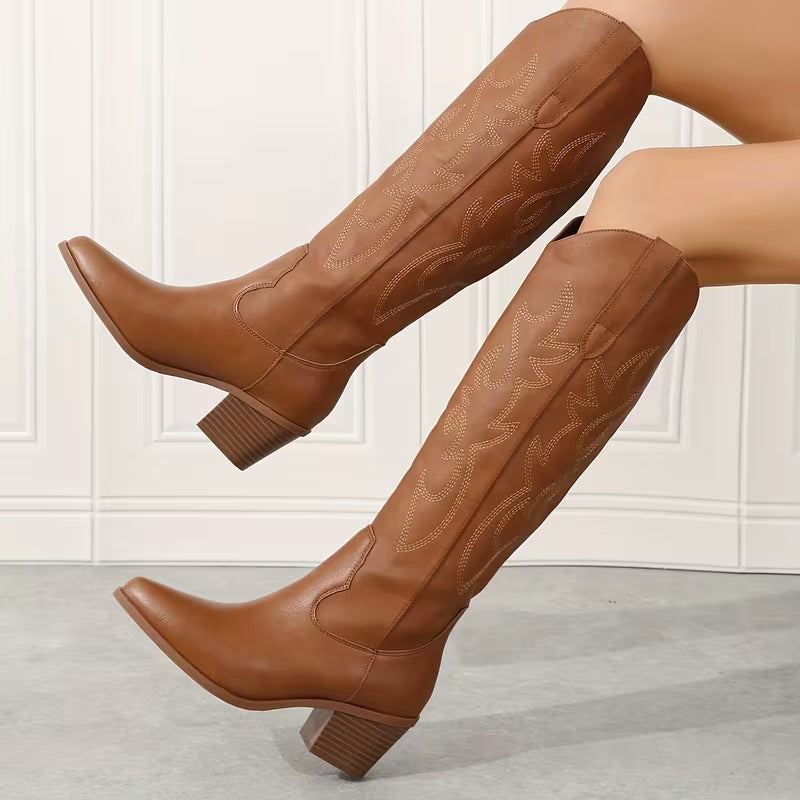 Women's Cowgirl Knee High Boots with Embroidered Shaft