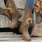 Women's Cowgirl Knee High Boots with Embroidered Sunflower Detail