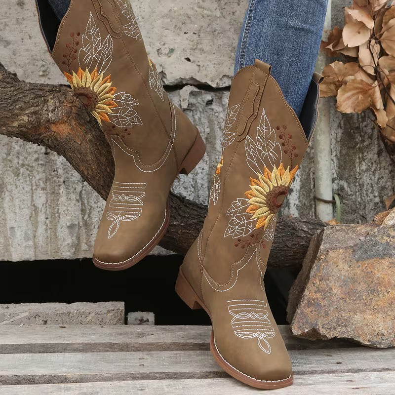 Women's Cowgirl Knee High Boots with Embroidered Sunflower Detail