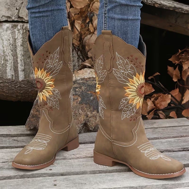 Women's Cowgirl Knee High Boots with Embroidered Sunflower Detail