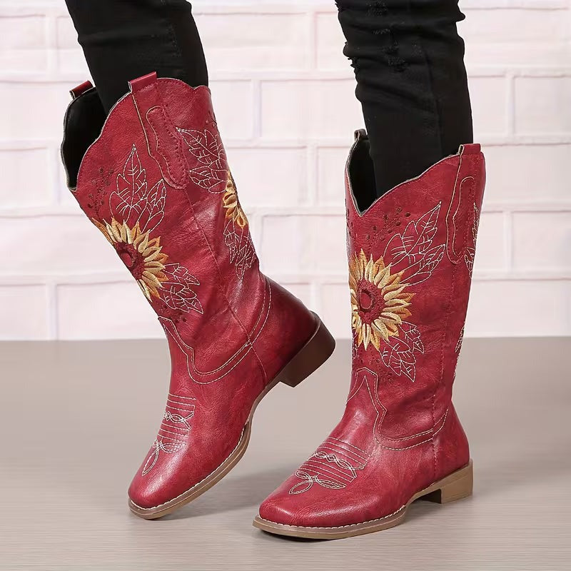 Women's Cowgirl Knee High Boots with Embroidered Sunflower Detail