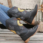 Women's Cowgirl Knee High Boots with Embroidered Sunflower Detail