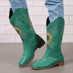 Women's Cowgirl Knee High Boots with Embroidered Sunflower Detail