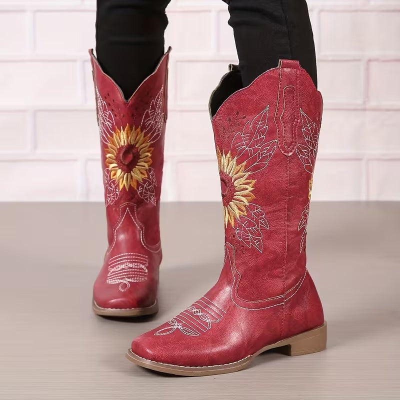 Women's Cowgirl Knee High Boots with Embroidered Sunflower Detail