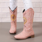 Women's Cowgirl Knee High Boots with Embroidered Sunflower Detail