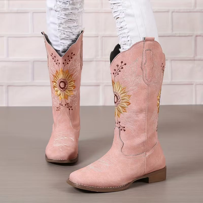 Women's Cowgirl Knee High Boots with Embroidered Sunflower Detail