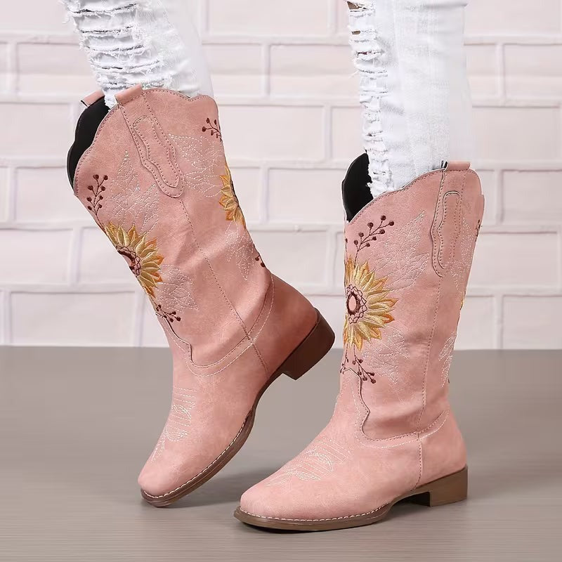 Women's Cowgirl Knee High Boots with Embroidered Sunflower Detail