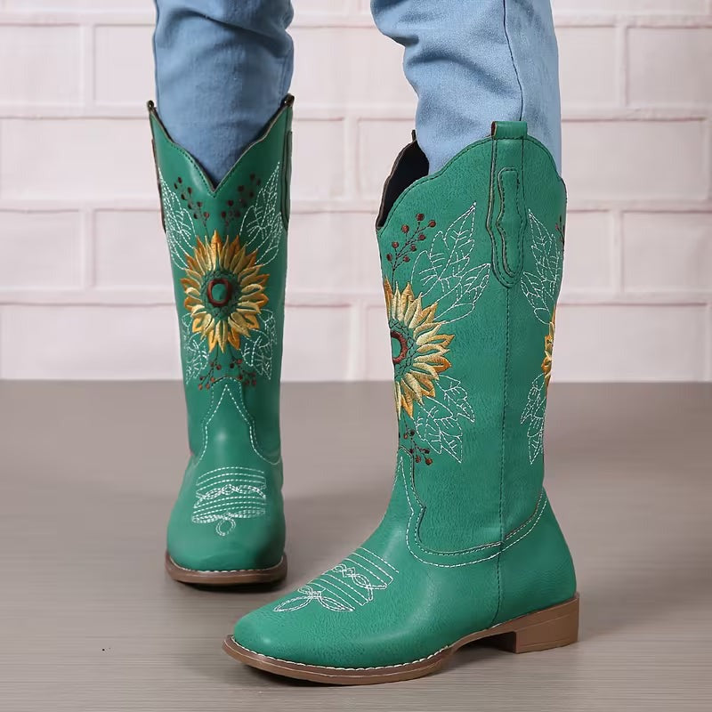 Women's Cowgirl Knee High Boots with Embroidered Sunflower Detail