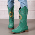 Women's Cowgirl Knee High Boots with Embroidered Sunflower Detail