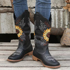 Women's Cowgirl Knee High Boots with Embroidered Sunflower Detail
