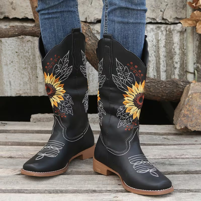 Women's Cowgirl Knee High Boots with Embroidered Sunflower Detail