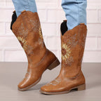 Women's Cowgirl Knee High Boots with Embroidered Sunflower Detail