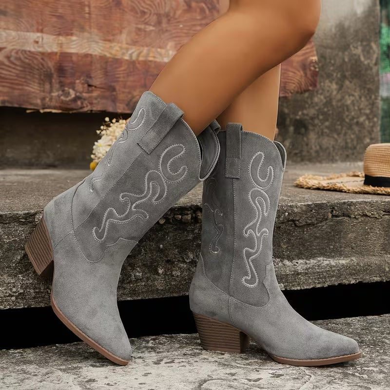 Women's Cowgirl Mid-Calf Boots with Embroidered Detail