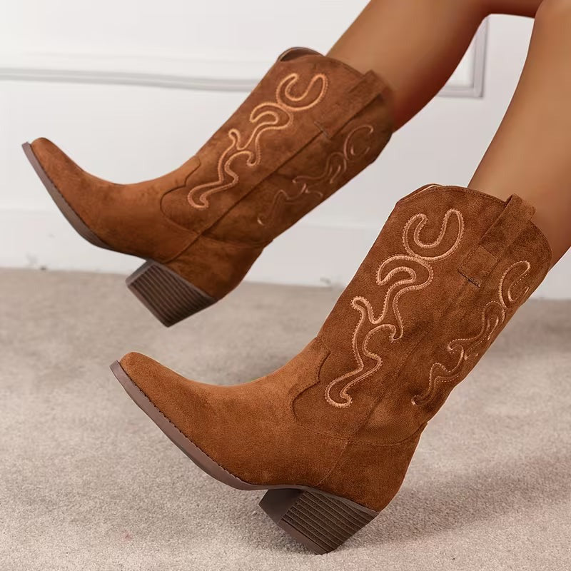 Women's Cowgirl Mid-Calf Boots with Embroidered Detail
