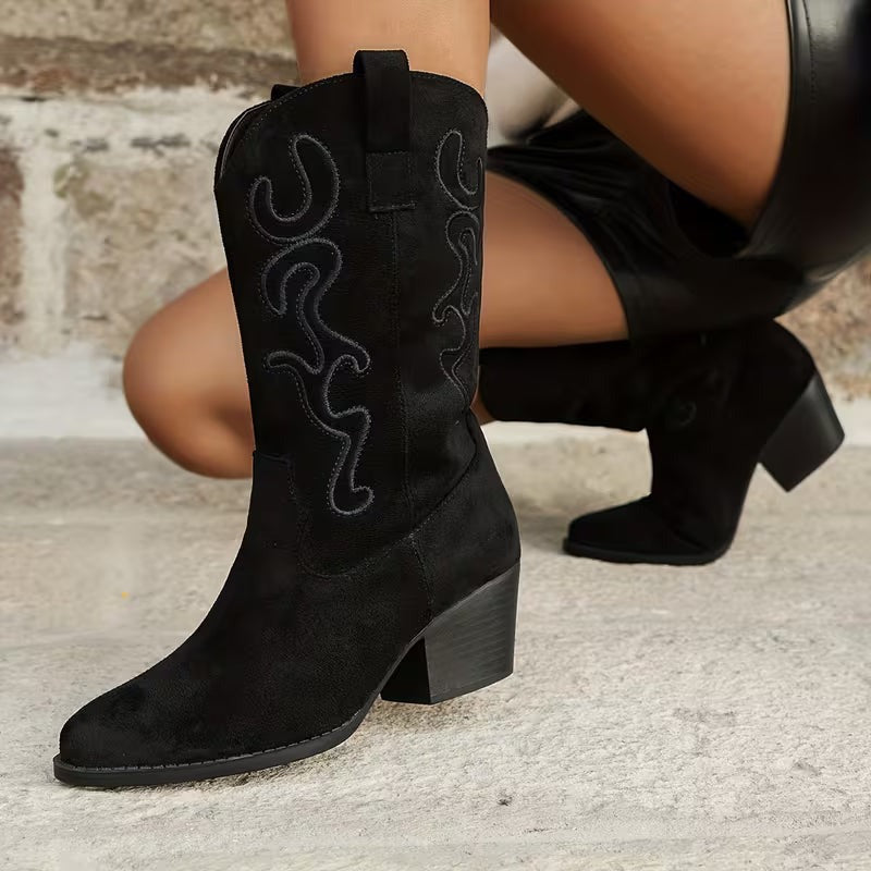 Women's Cowgirl Mid-Calf Boots with Embroidered Detail
