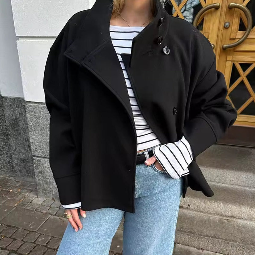 Women's Cropped Button Front Jacket with Wide Collar and Dropped Shoulders