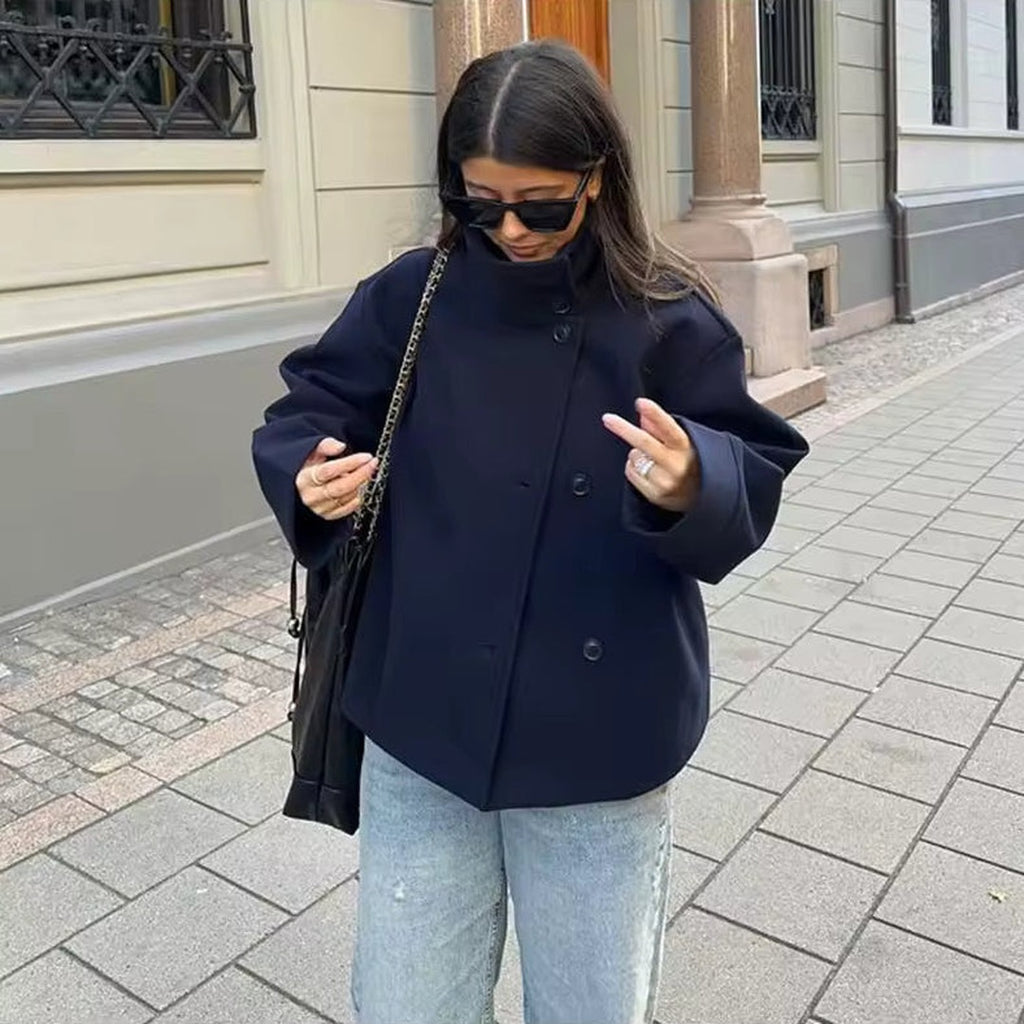 Women's Cropped Button Front Jacket with Wide Collar and Dropped Shoulders