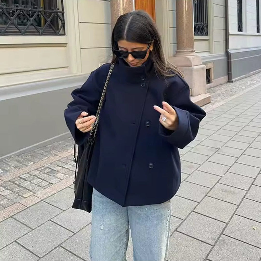 Women's Cropped Button Front Jacket with Wide Collar and Dropped Shoulders