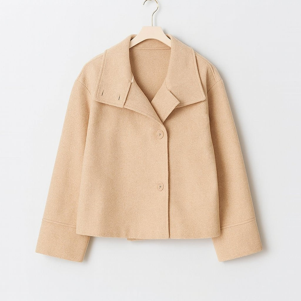 Women's Cropped Button Front Jacket with Wide Collar and Dropped Shoulders
